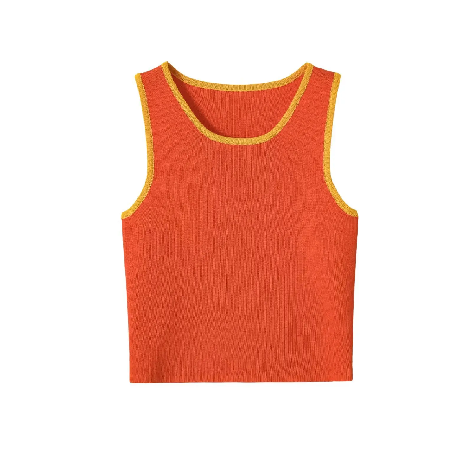 Retro Contrast Binding Knit Tank Top Women Casual Orange Yellow Crop Tops Sweaters Summer Scoop Neck Sleeveless Vest Y2K