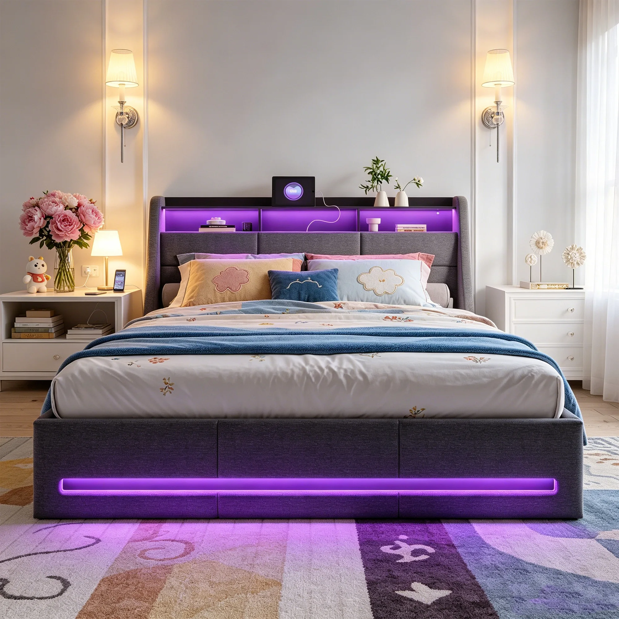 Anajqaqia 140x190cm Polsterbett mit LED-Beleuchtung und Stauraum im Kopfteil, Doppelbett mit Lattenrost, hydraulisches Stauraumbett, Leinenstoff, Grau
