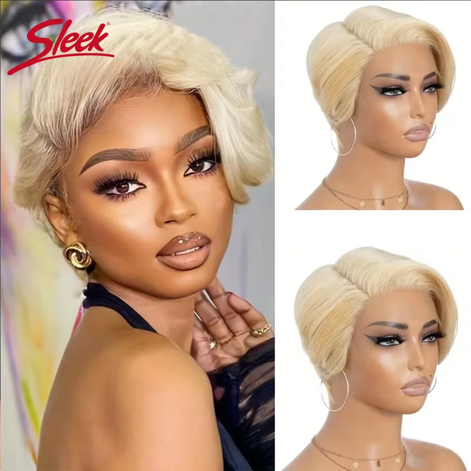 

Sleek Brazilian Straight Blond 613 Short Pixie Cut Bob Wigs C Lace Part Human Hair Wigs Nature Black Dark Remy Human Hair Wig