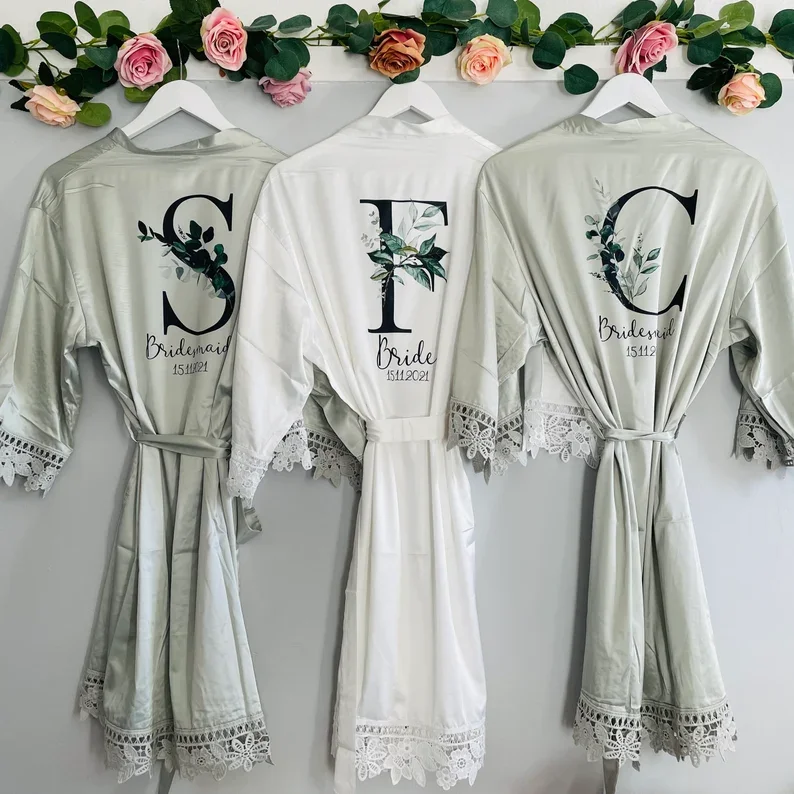 Personalised Sega Floral Initial Robes Custom Bridal Robe Satin Wedding Bridesmaid Kimono Dressing Gown Bride to be Robe