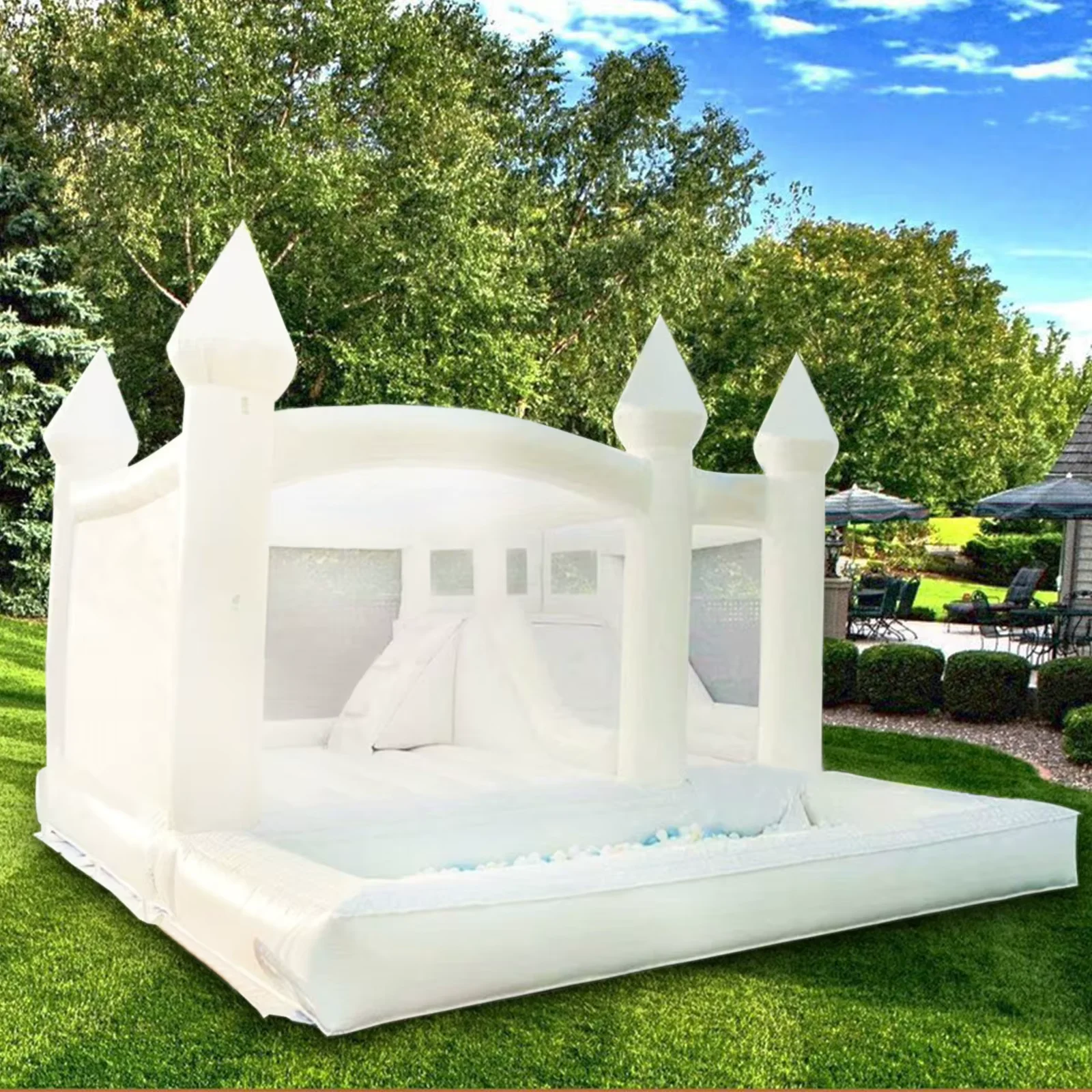 Casa de rebote inflable blanca, puente, Castillo hinchable, cama de salto comercial grande de PVC para niños con soplador para diversión al aire libre, juguete deportivo