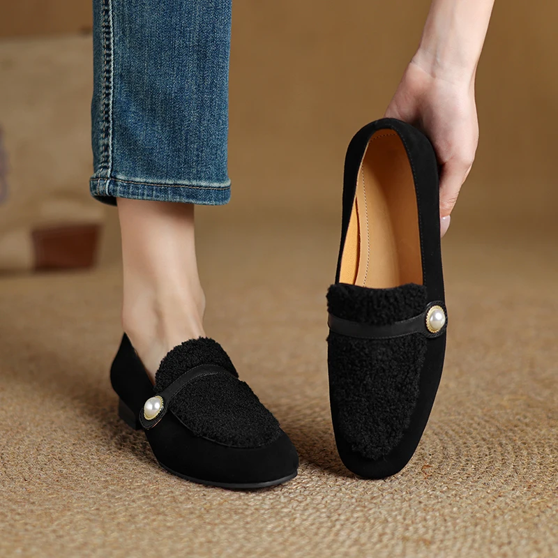 Women's Suede Flat Loafers with Textured Detailing, Pearl-Embellished Strap Round Toe Low Block Heel Stylish & Comfortable