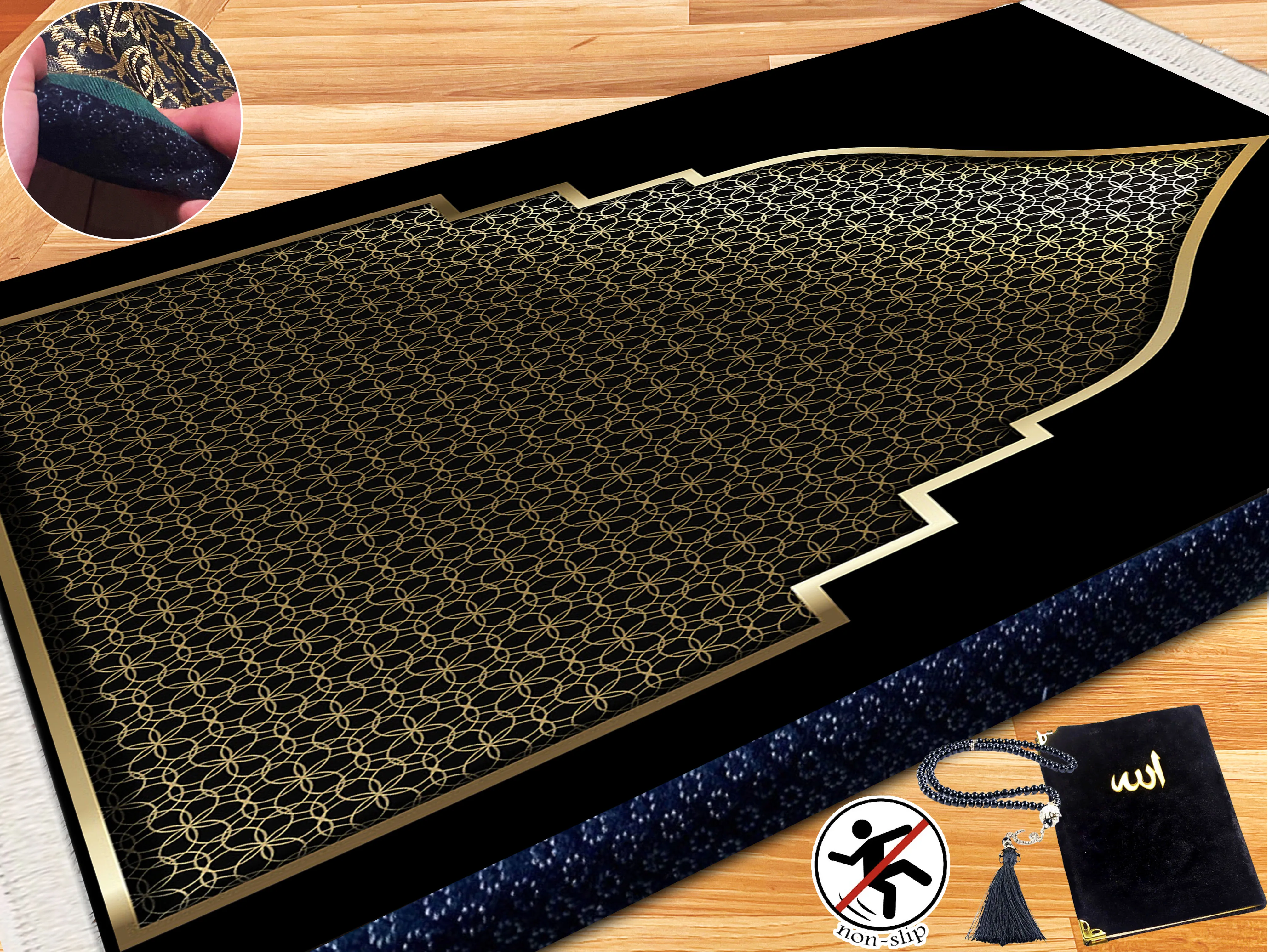 

Extra Thick Foam Padded Turkish Black Gold Prayer Rug, Luxury Yaseen, Soft Praying Mat Carpet & Pearl Tasbeeh, İslamic Gift Set