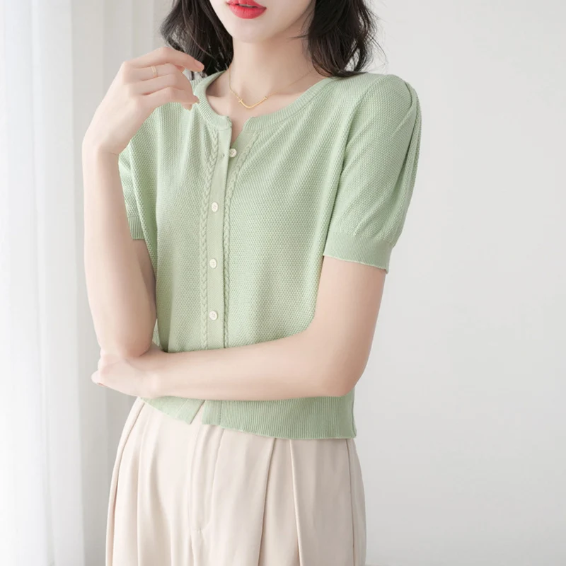 Womens top Lady Short sleeve O-NECK Single Breasted Knit Top for Spring &Summe Solid color Basic Shirt Causal lady office Blause