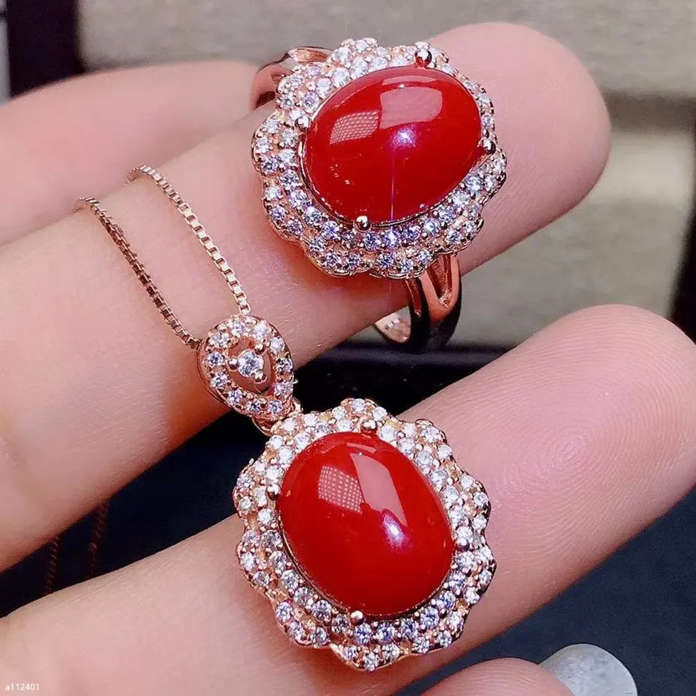 KJJEAXCMY Fine Jewelry 925 Sterling silver natural Red Coral Gemstone Korean women's Ring Pendant set send girlfriend birthday w