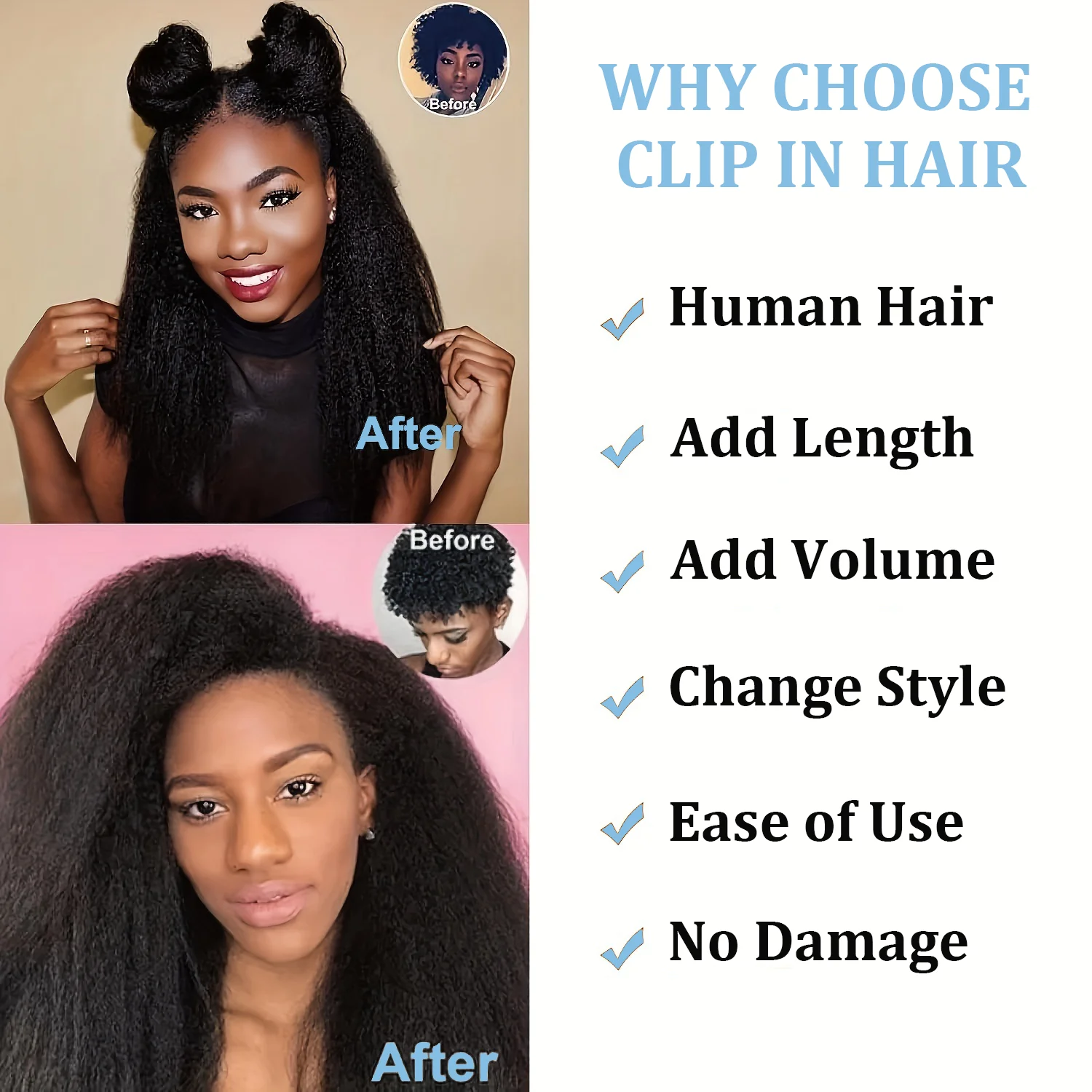 Kinky Straight Clips In Human Hair Extensions Natural Color In Brazilian 100% Remy Human Hair 120G 8Pcs/Set Full Head For Women