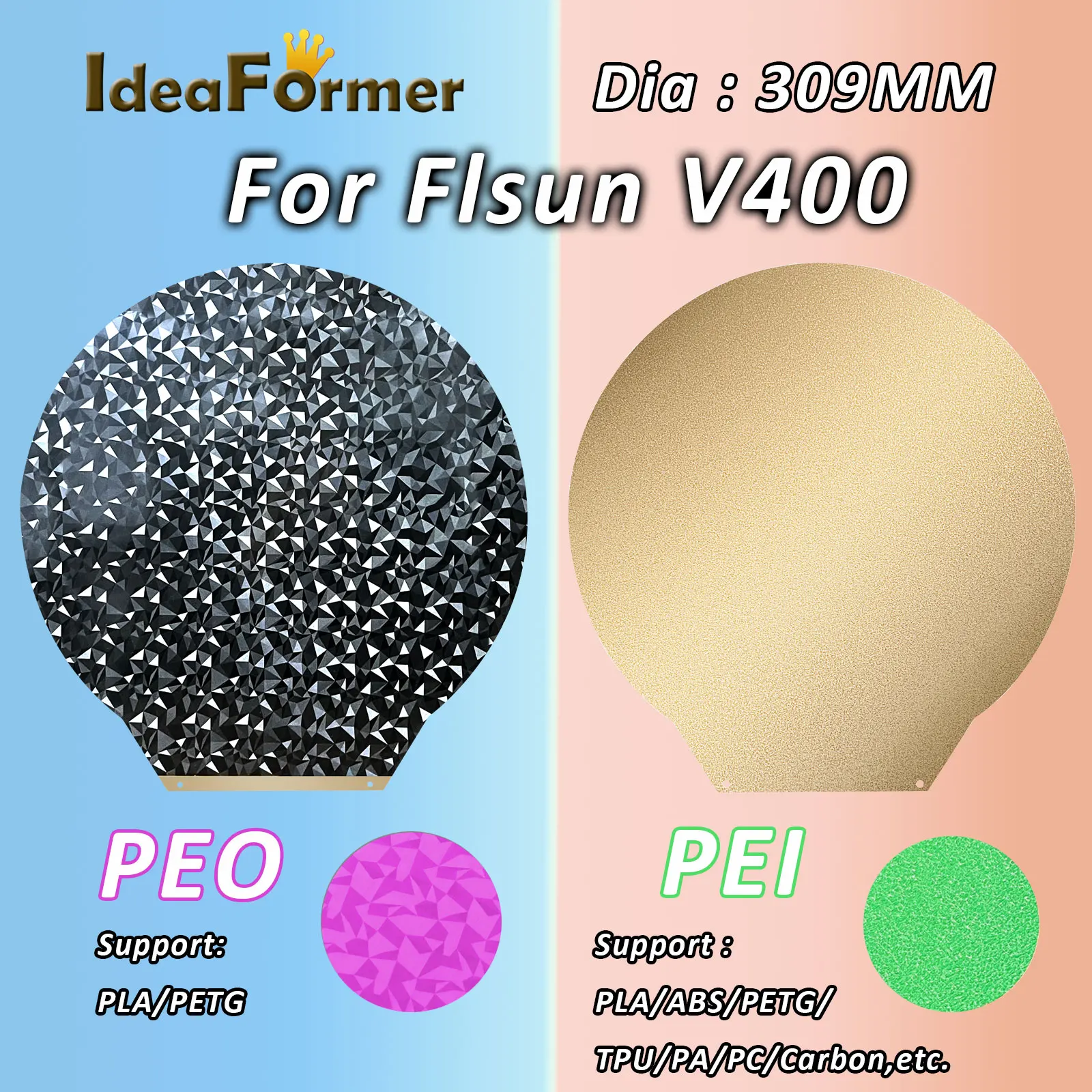 

Для 3D-принтера Flsun V400, диаметр 309 мм, строительная пластина, круглая текстурированная пея/гладкая Пео, Магнитная пружина, стальная Гибкая простыня PEO PEI