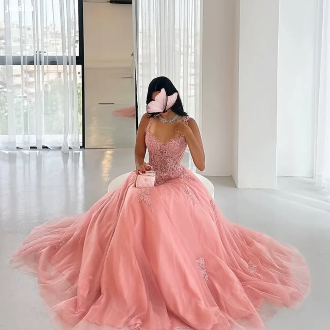 

Jessica Sweet Pink Evening Dresses Tulle Lace Embroidery Prom DressesA-line Formal Ladies Vestido Festa Customized