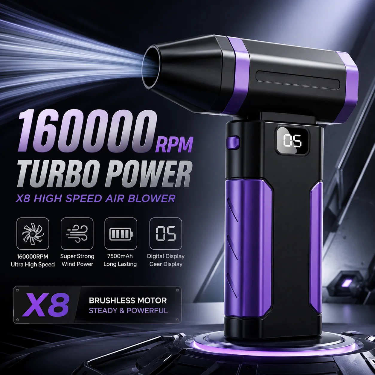 Souffleur de poussière puissant X8, moteur sans balais 160000 tr/min, souffleur d'air extérieur, rechargeable Type-C, ventilateur turbo pour nettoyage PC