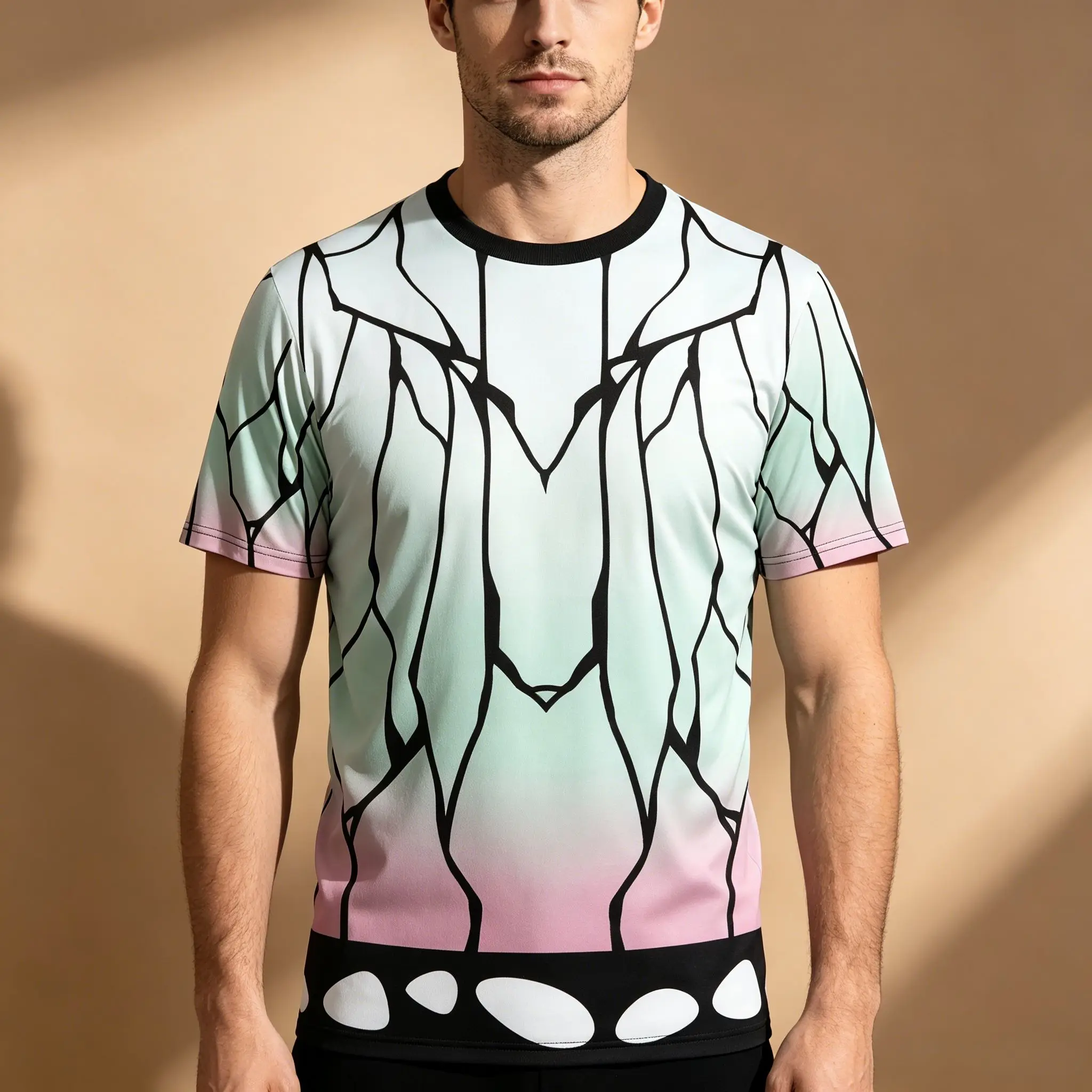 Herren-T-Shirt mit Demon Slayer Shinobu Kocho Butterfly Gradient Full Print, Mint Pink Anime Cosplay Otaku Kurzarm-Freizeit-T-Shirt