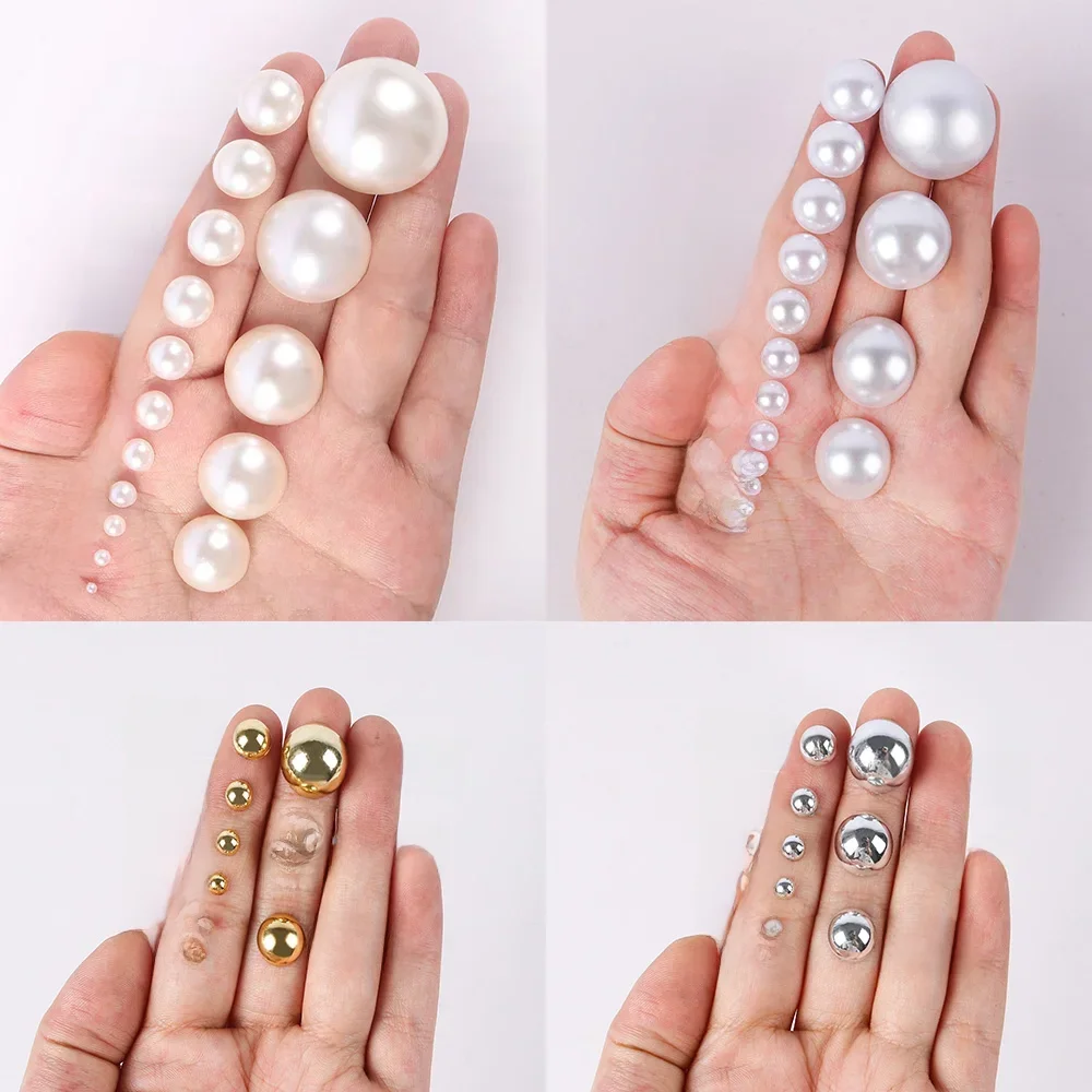 Perles à dos plat, argent, or, blanc, crème, Imitation de perles, demi-rondes, amples, pour bricolage, pierres artisanales pour Nail Art, toutes tailles