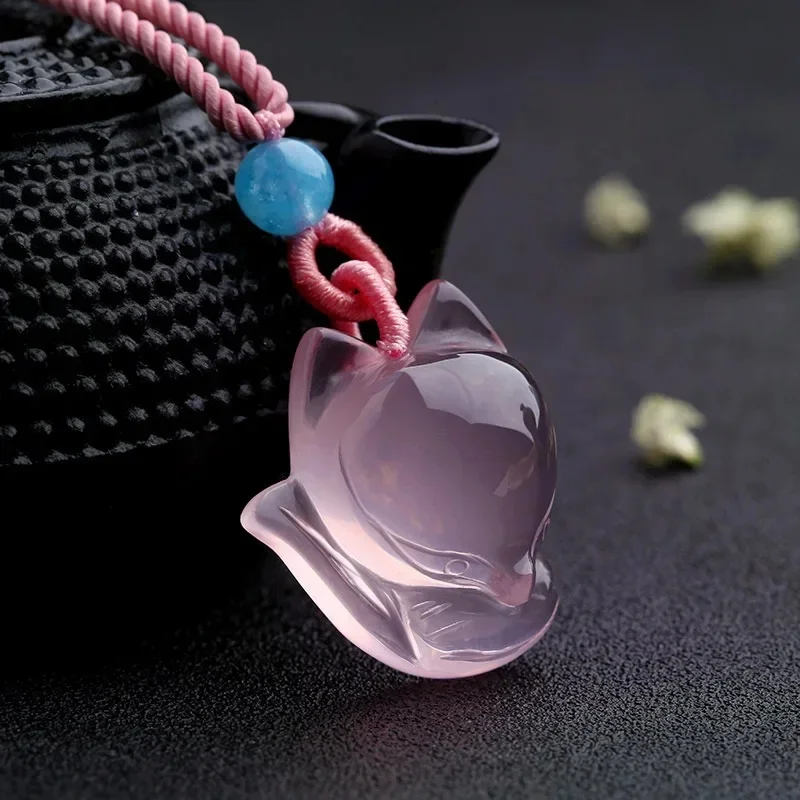 1PC naturalny różowy chalcedon agat Fox naszyjnik moda urok biżuteria rzeźbione Amulet prezenty dla kobiet mężczyzn łańcuch sweter — zdjęcie 2