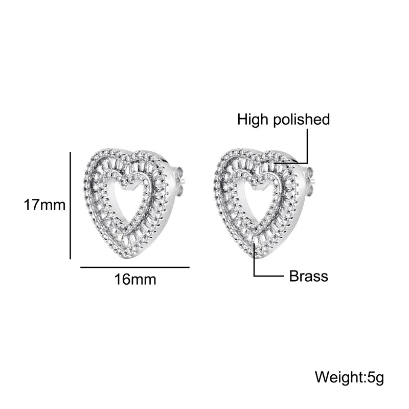 Feel Style 1 Pair Heart Baguette Earring Bling Cubic Zircon Iced Out CZ Stone Stud Earrings For Men Women Jewelry