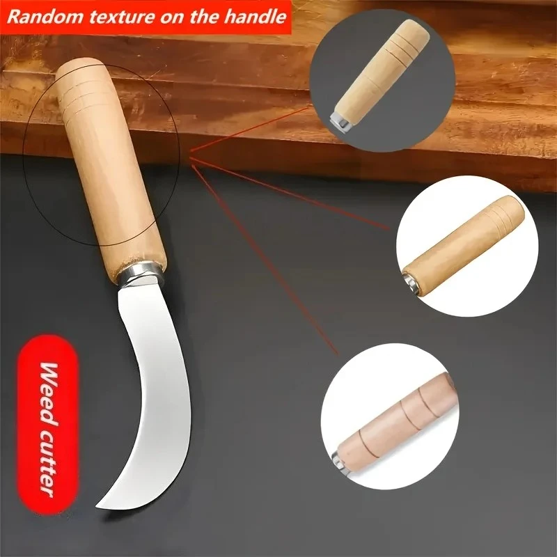 Curved Weeding tool with Wooden Handle, Sharp Stainless Steel tool for Garden Cracks, Weed Removal & Yard Maintenance