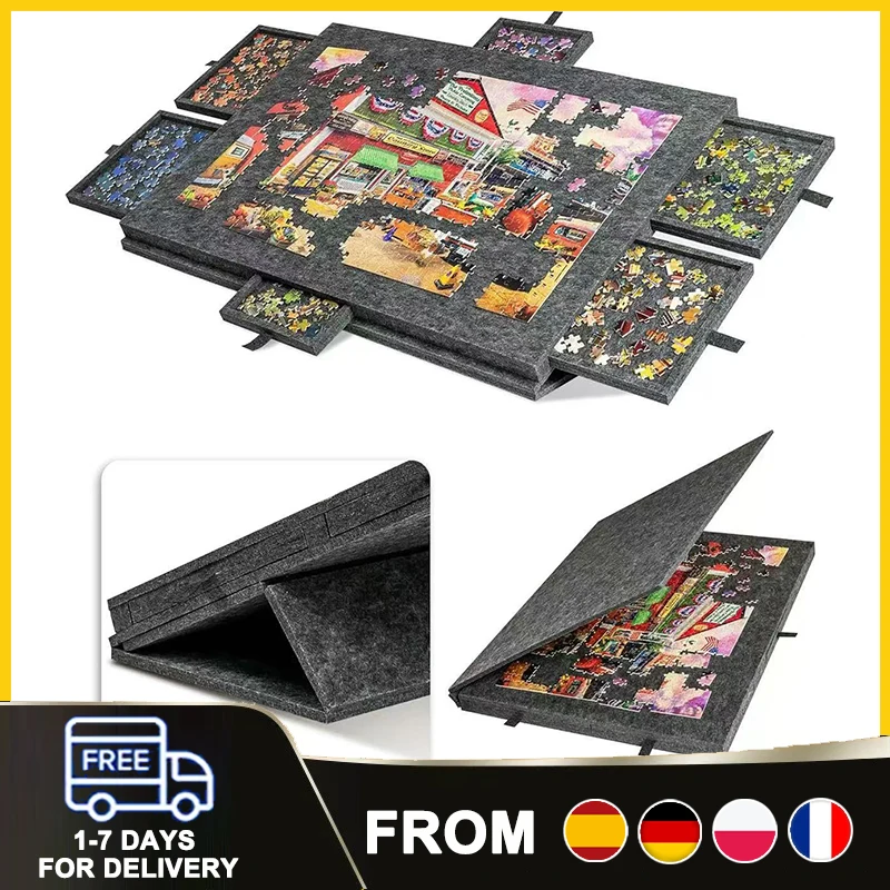 Table de puzzle portable en feutre avec 6 tiroirs, support 2-en-1, capacité de 1000 pièces, légère et facile à ranger