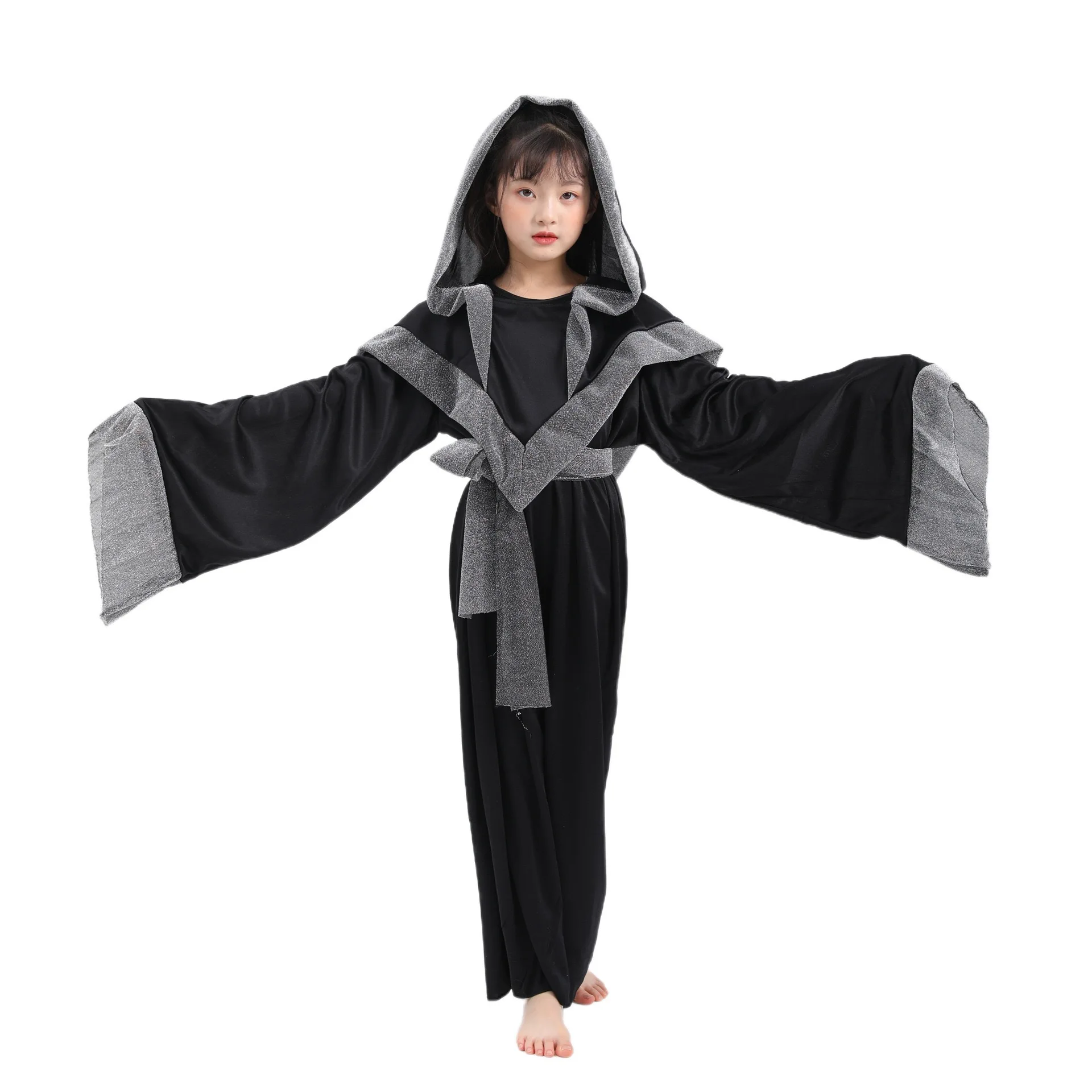 Black Wizard Girl Costume Sorceress Cloak Medieval Dark Mystic Dark Sorcerer Robe Halloween Costume for Child Role Play