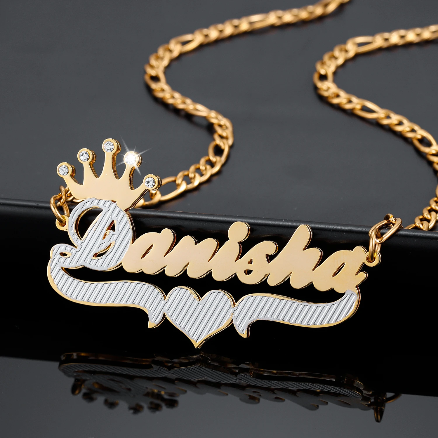 Personalized Double Plate 3D Name Necklace With Heart Custom Two Tone Gold Plated Stainless Steel Pendant For Women Jewelry Gift