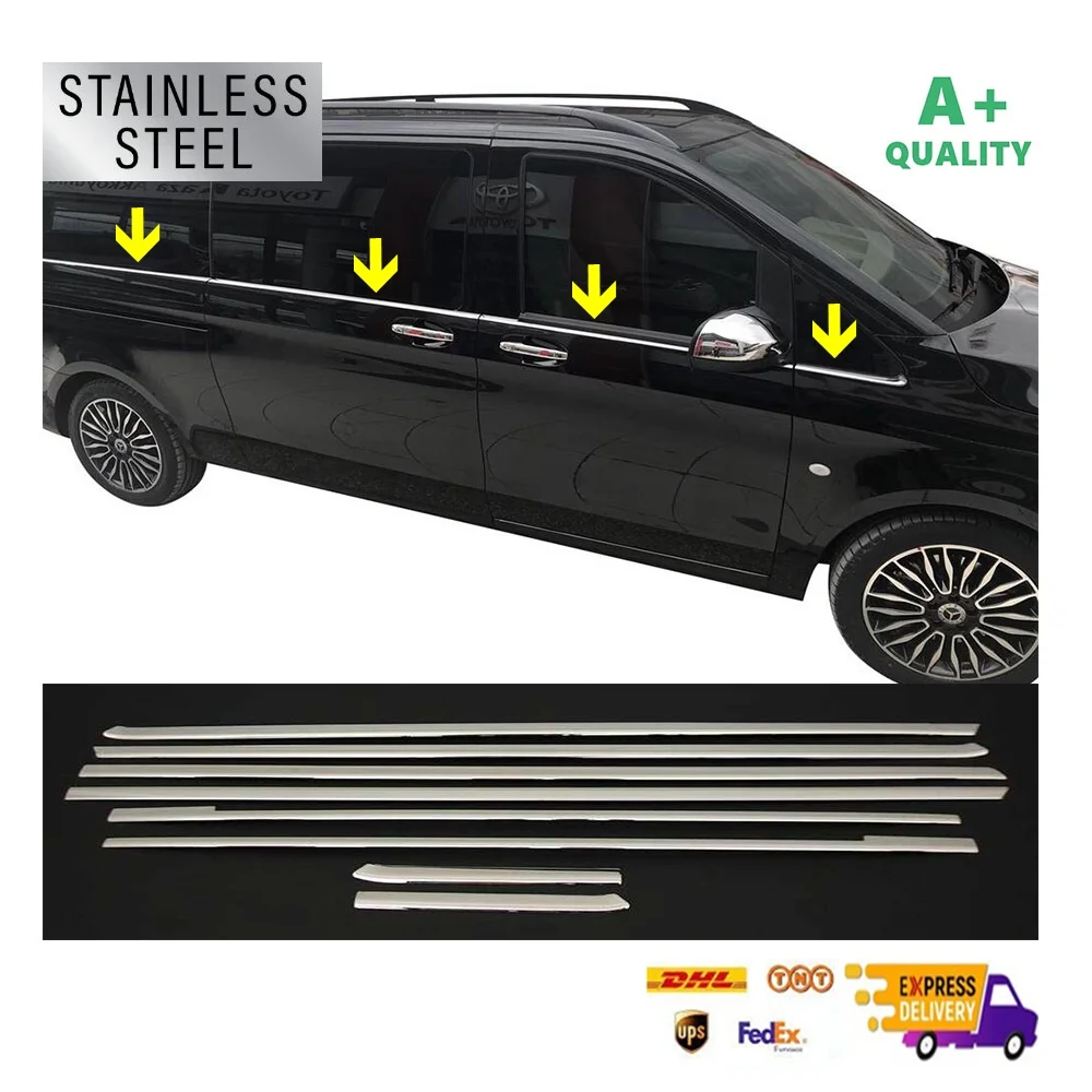 For Mercedes Vito W447 Chrome Window Lower Moldings 8 Pcs. For Single Sliding 2014 and Up. Stainless Steel. A+ Car Accessories