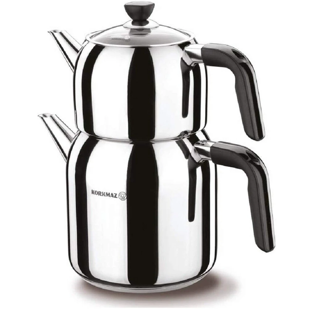 

Korkmaz Kappa Mega Teapot Set Stainless Steel, 4.3 Liters, Double Glass Lid Durable, Heat-Resistant Design