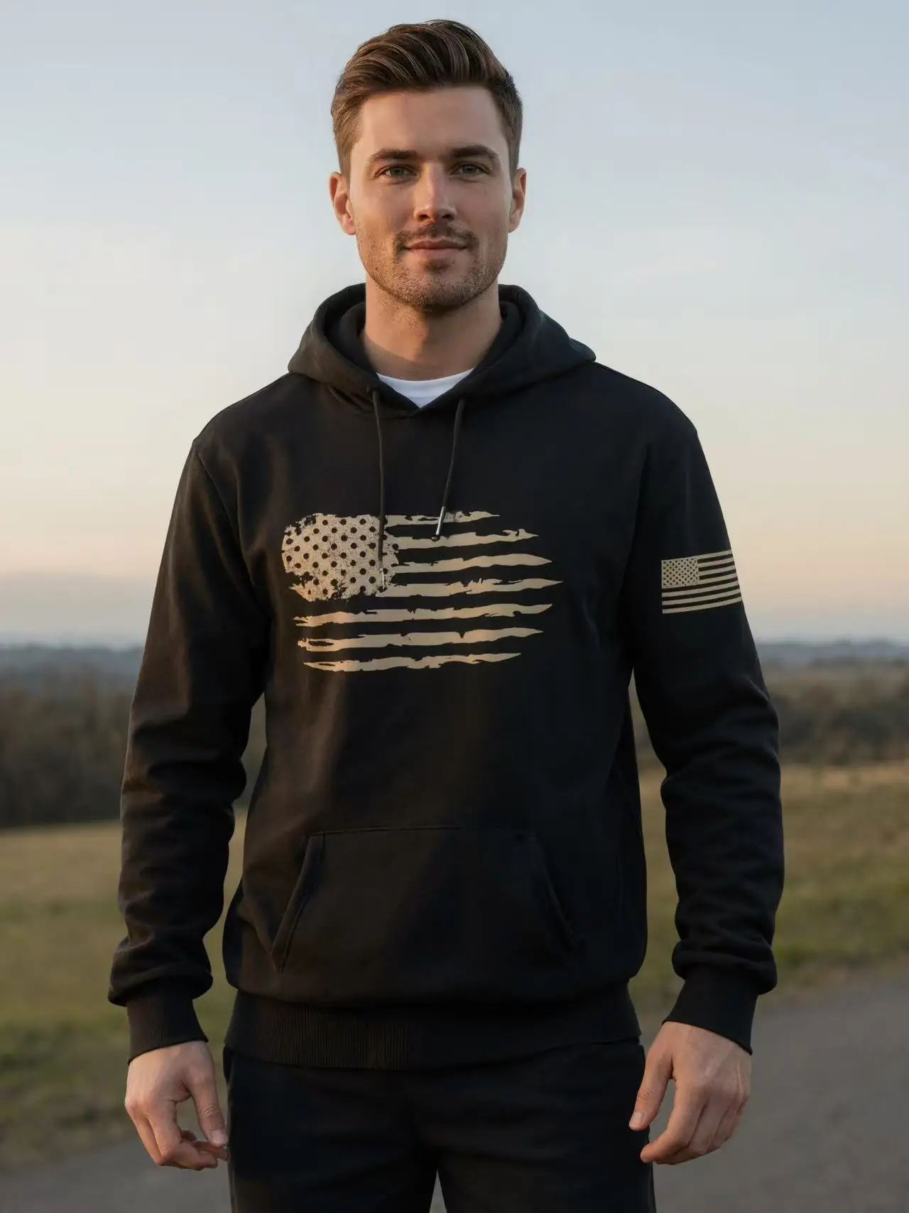 Men’s Distressed American Flag Pullover Hoodie, Tactical Vintage USA Flag Graphic Hooded Sweatshirt with Sleeve Print
