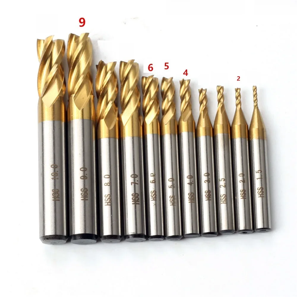 7 pièces/11 pièces fraises 4 cannelures titane enduit HSS fraise en bout ensemble 1.5-10mm CNC routeur peu pour le fraisage du bois et de l'acier