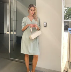 2024 Summer New Design Women Solid V Neck Short sleeve Linen Mini Casual Dress