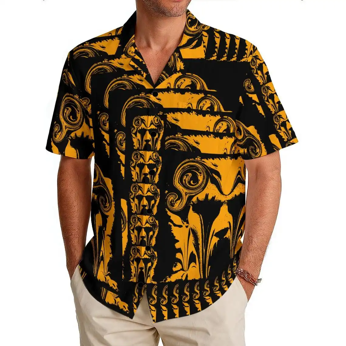 

Stone carving collage abstract colorful digital printing style men's button abstract printing party summer button shirt