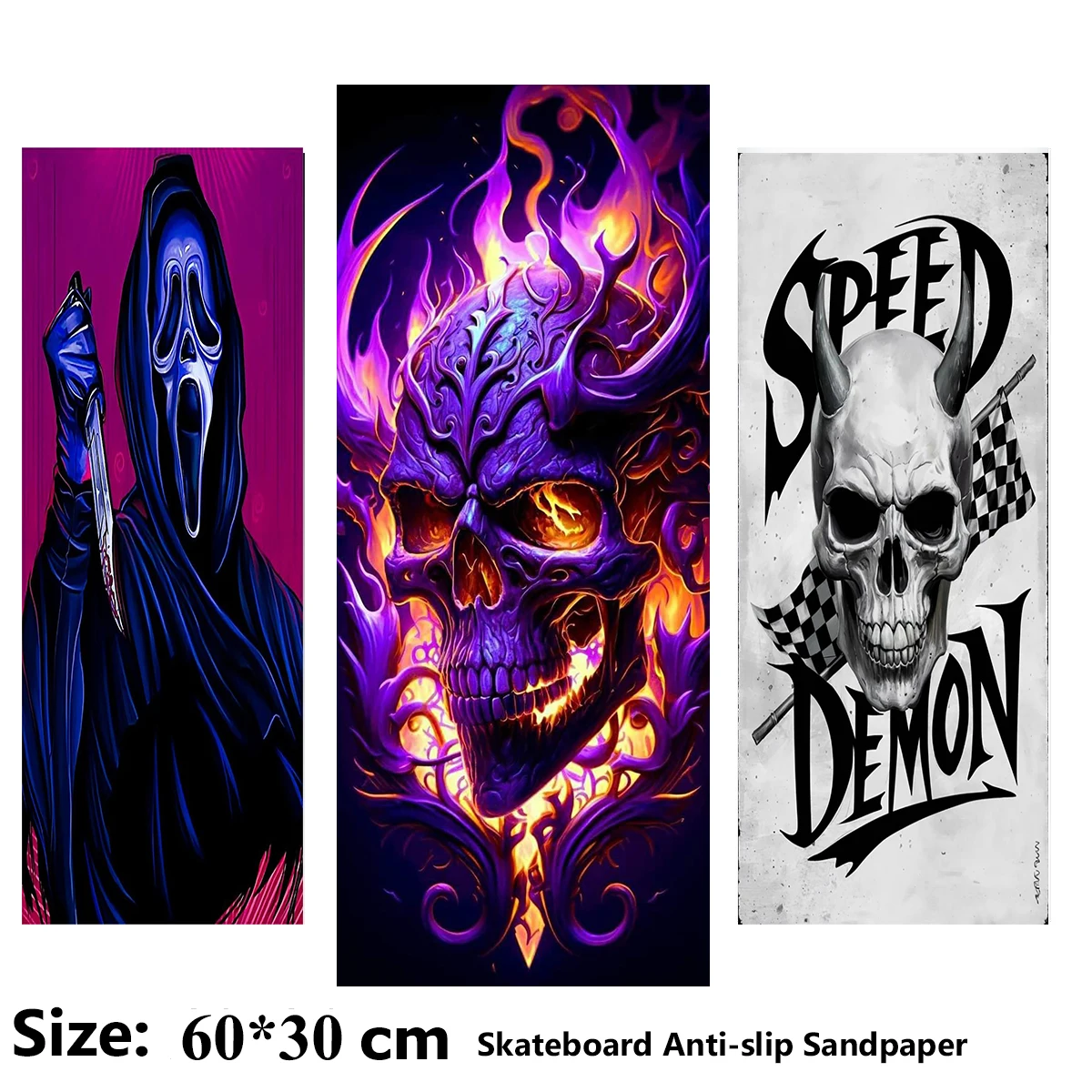 Purple Demon Skull Pattern Electric Scooter Anti-slip Sticker Sandpaper Skateboard Grip Tape Sheet 60*30cm