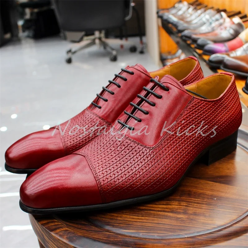 

Designer Red Cow Leather Formal Shoes 2025 Woven Pattern Lace Up Business Oxfords Shoes for Man Luxury Office Shoes Zapatos