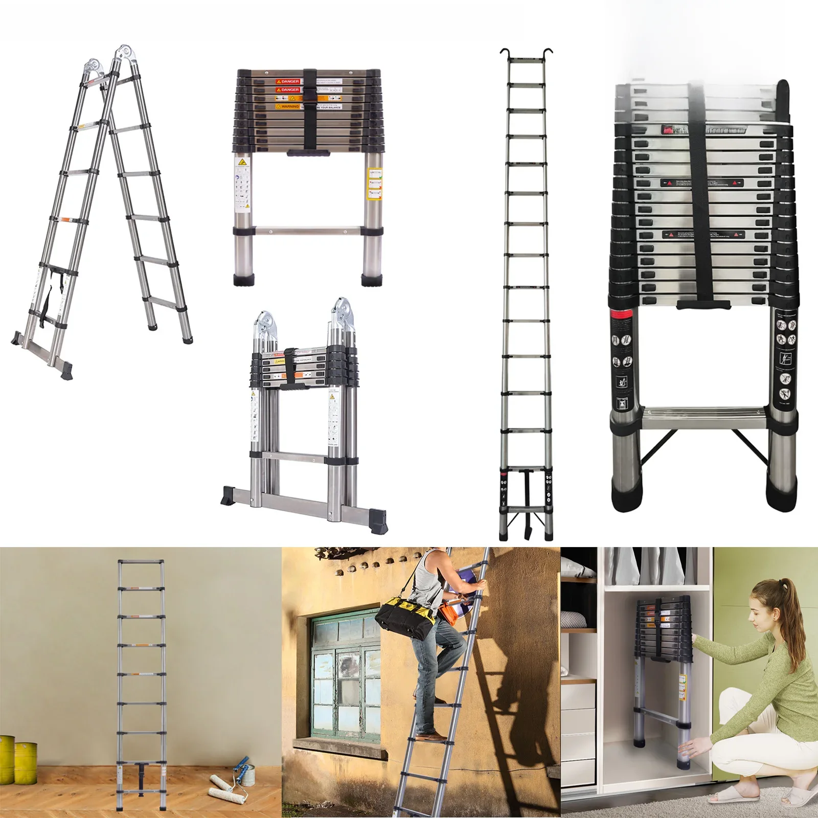 DayPlus Telescopische Ladder Roestvrijstalen Vouwladder Draagbare Uitschuifbare Loft Ladder Capaciteit Max. Belasting 150kg/330lb, EN131 - afbeelding 2