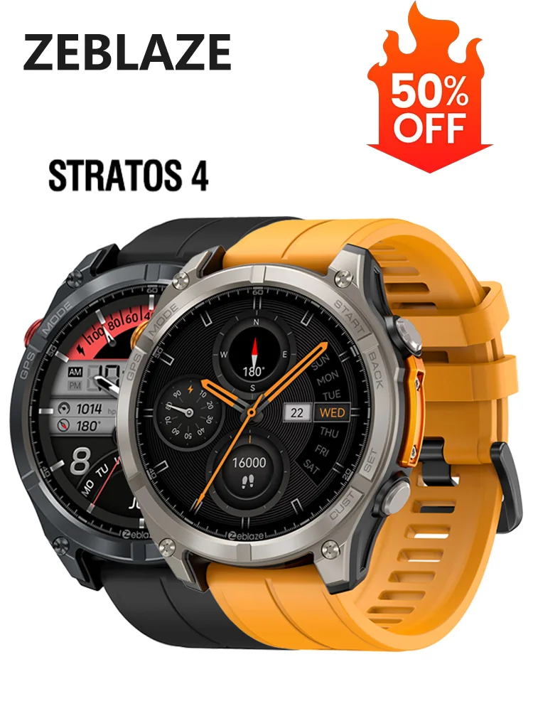 Zeblaze Stratos 4 GPS-Smartwatch, 1,43-Zoll-AMOLED-Display, integrierter Kompass und barometrischer Höhenmesser, integrierte Taschenlampe, Sprachanrufe, 5 ATM wasserdicht, robuste