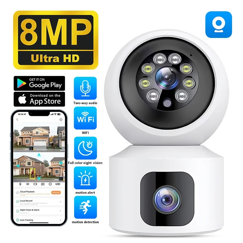 8MP Dual Len Baby Monitor Camera WiFi 10X Zoom Wireless Camera PTZ Night Vision Human Automatic Tracking Surveillance IP Cameras