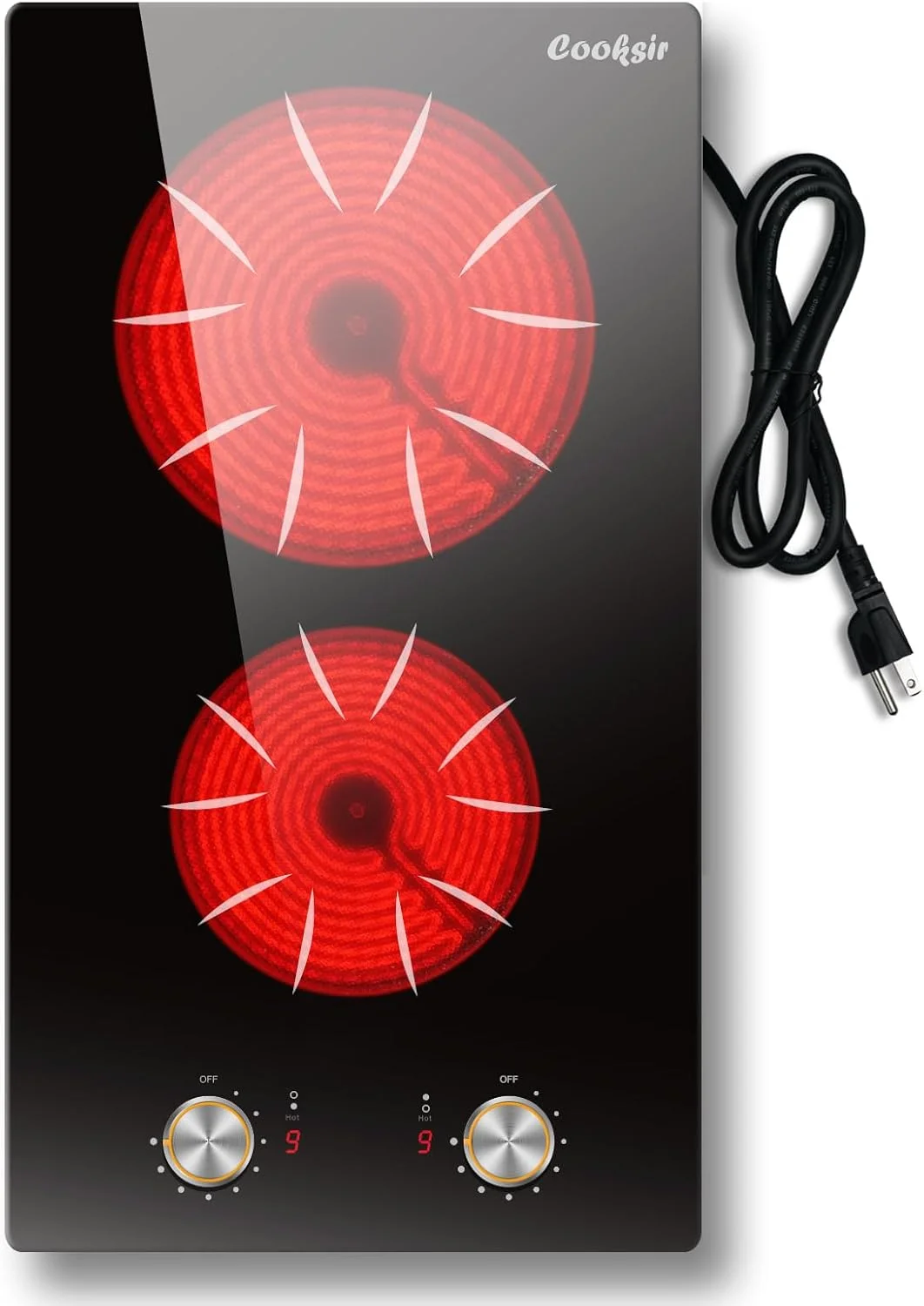 Cooksir 2 Burner Electric Cooktop，12 Inch Built-in with Knob，9 Power Level Control, Over Heat Protection，2000W，110-120V Plug in