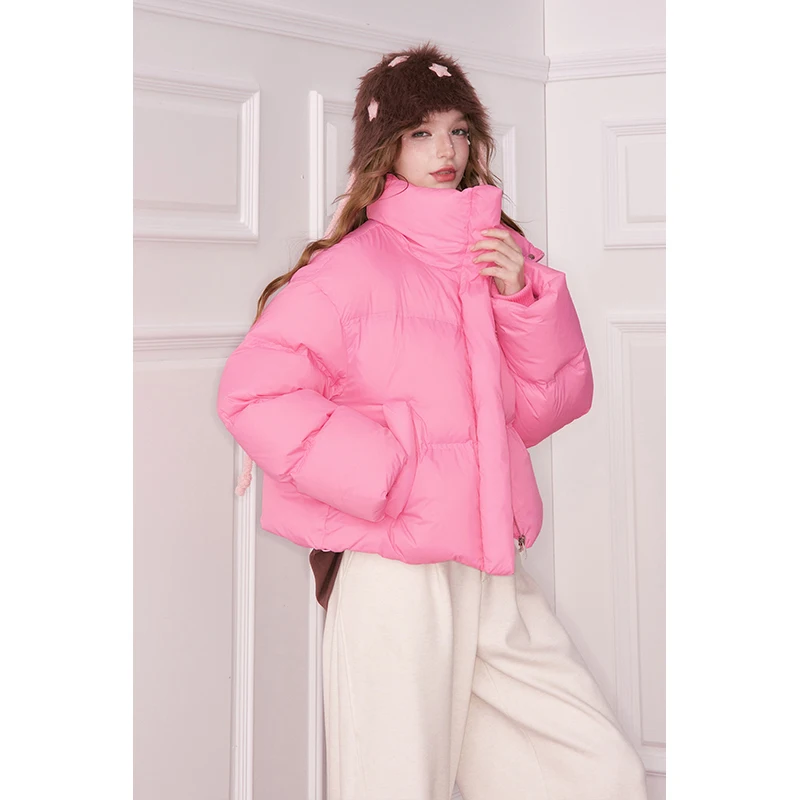 ELFSACK Sweet Preppy Solid Cropped Lapel Down Jacket For Women