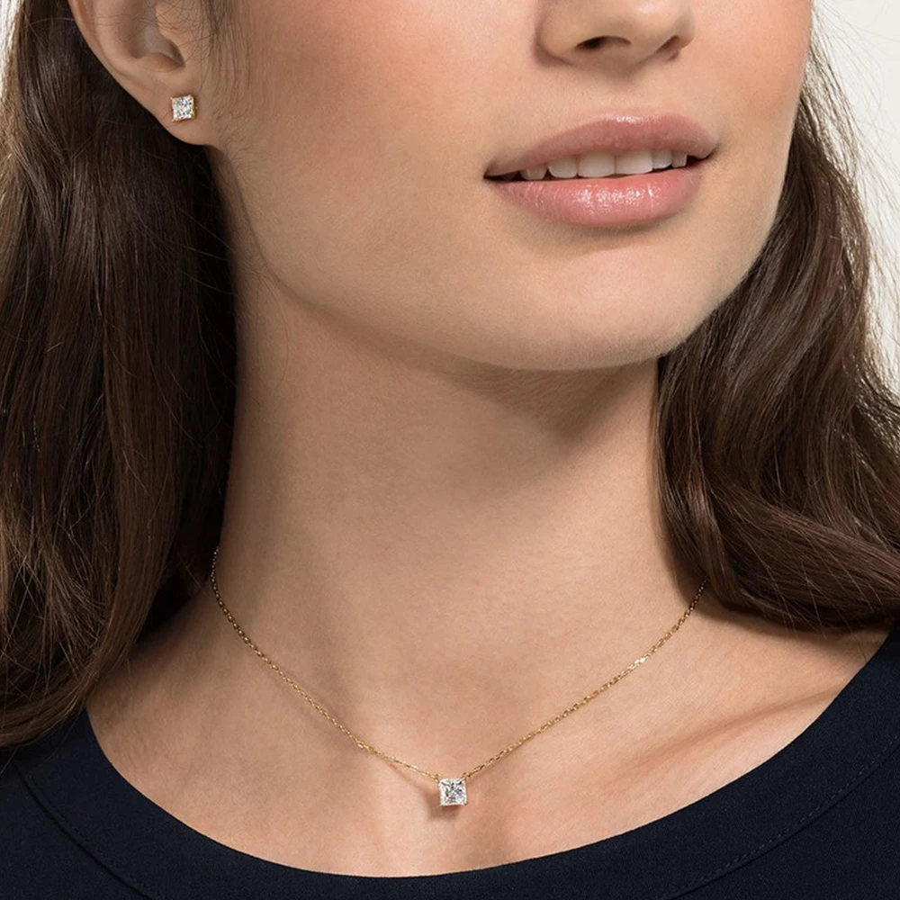 1CT Princess Cut Moissanite Pendant Necklace for Women 925 Sterling Silver Sparkling Solitaire Square Diamond Necklaces Jewelry