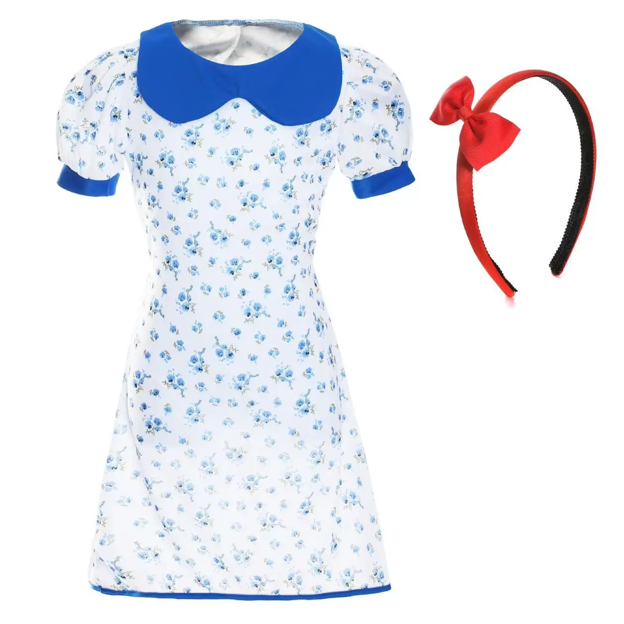 Girls Bookworm Costume - Blue Floral Dress, Red Headband & Bow Hairclip - World Book Day & School Book Week Fancy Dress