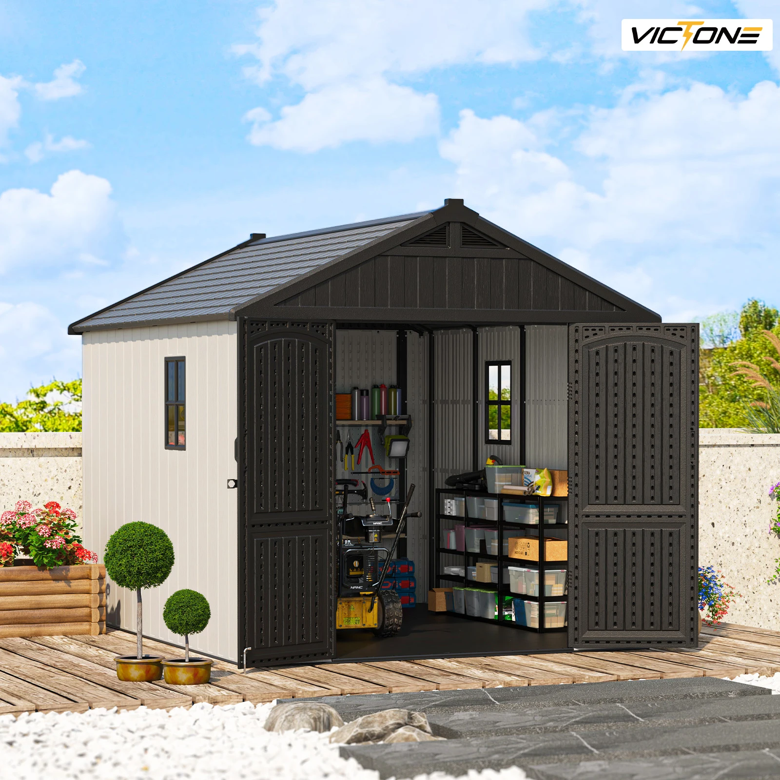 Victone 8' X 10' Plastic Outdoor Storage Shed with Floor, Resin shed With Window And Lockable Door For Garden, Backyard, Beige