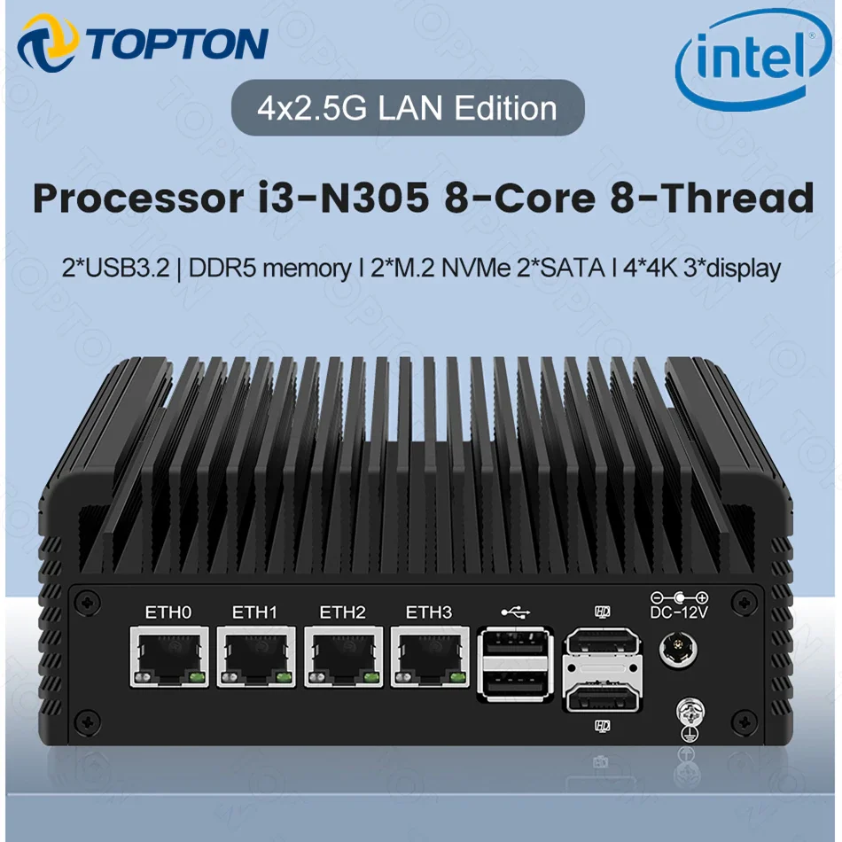 Горячая Распродажа 4*2,5 GbE Intel I226-V брандмауэр мини-ПК Intel i3 N305 AES-NI VPN-роутер ПК 2 * HDMI 1 * DP 1 * TYPE-C 4*4K дисплей