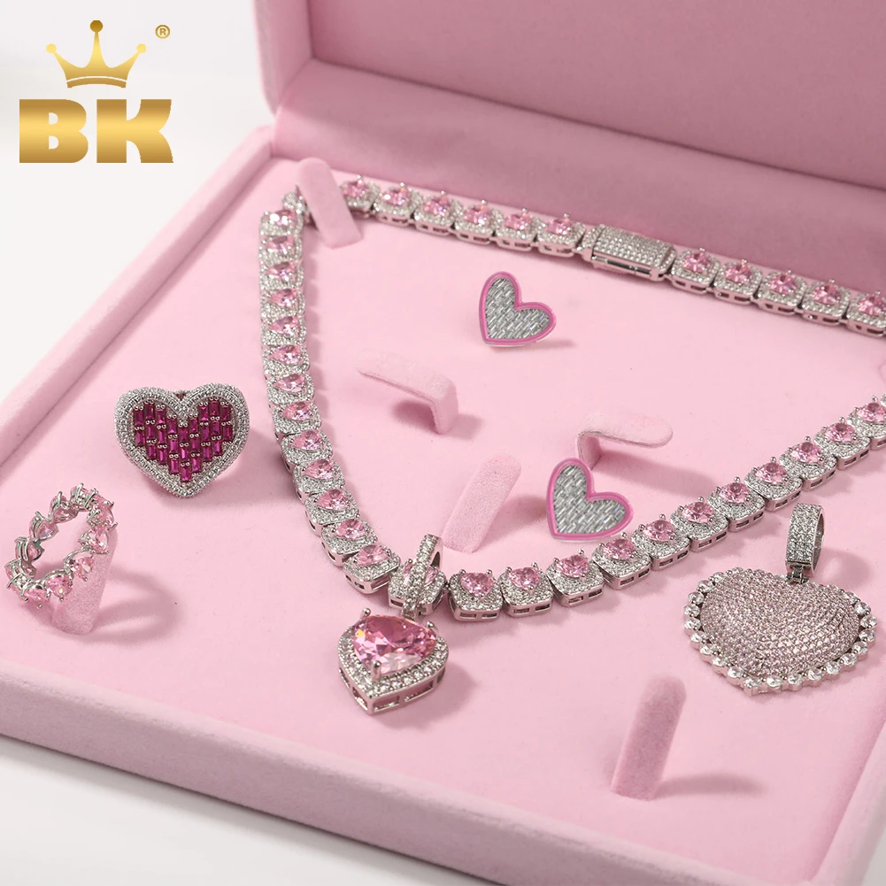 

THE BLING KING Pink Heart Design Set Full Iced Cubic Zirconia Heart Collections Earrings Ring Pendant Necklace Women Jewelry Set