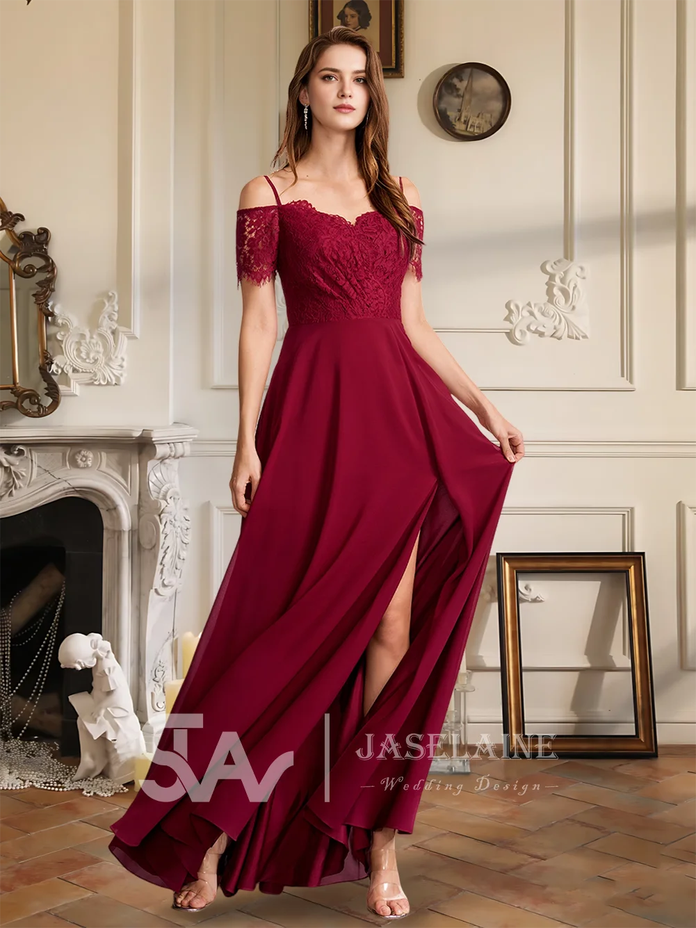 B Bridesmaid Dresses A-Line V-Neck Floor-Length Lace Chiffon Spaghetti Straps Wedding Guest Evening Party Cocktail Dresses
