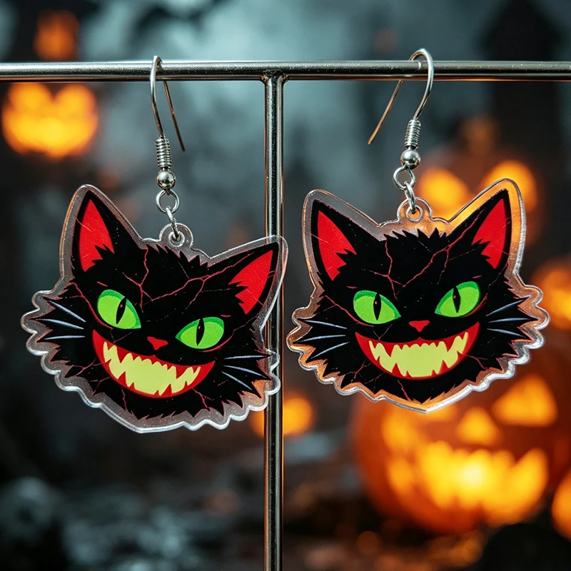 Halloween Evil Black Cat Acrylic Earrings Cracks Green Eyes Gothic Stainless Steel Ear hook Earrings Halloween Party Decoration