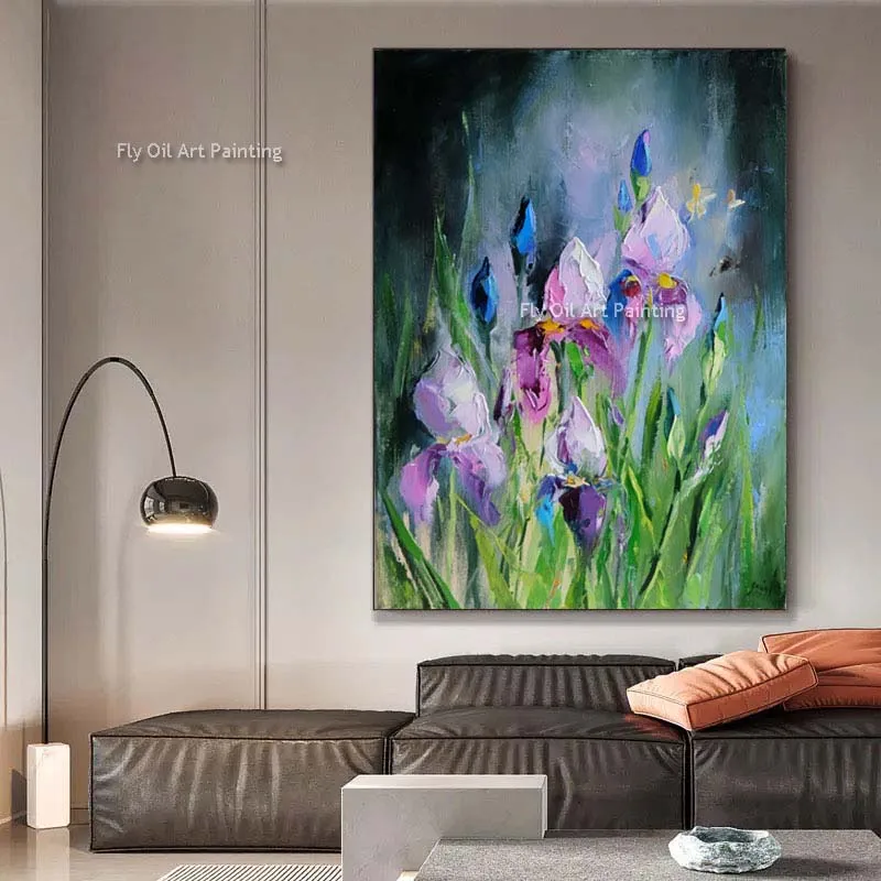 Irises Original Flowers Oil Painting Spring Purple Irises Bloom Canvas Art Hand Painted Flaral Impasto Wall Art Decor Frameless