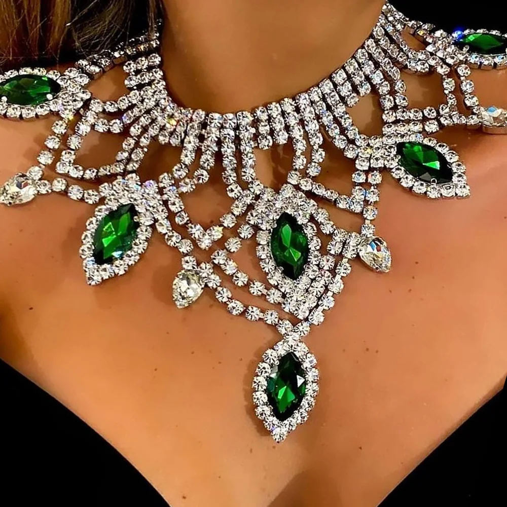 

Stonefans Exaggerated Big Rhinestone Necklace Jewelry for Women Party Vintage Green Crystal Statement Necklace Boho Jewelry