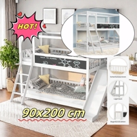 Bed 90x200 cm, solid wood, bunk bed, white lacquered, with stairs and slide, bunk bed with blackboard, furniture, minimalist