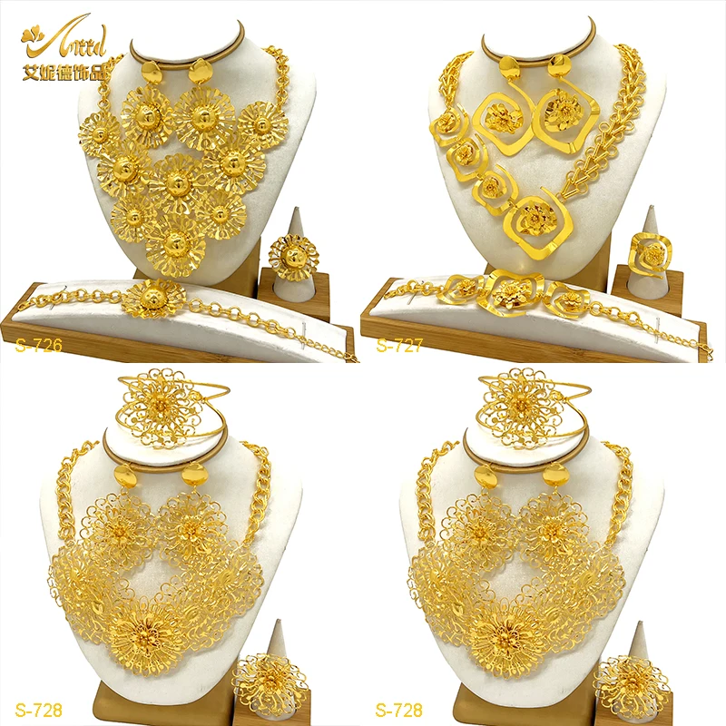 

Women Jewelry Set 24K Gold Plated Necklace Earrings Bracelet Ring Dubai Set Jewelry Flower Luxury Wedding Party Accessories