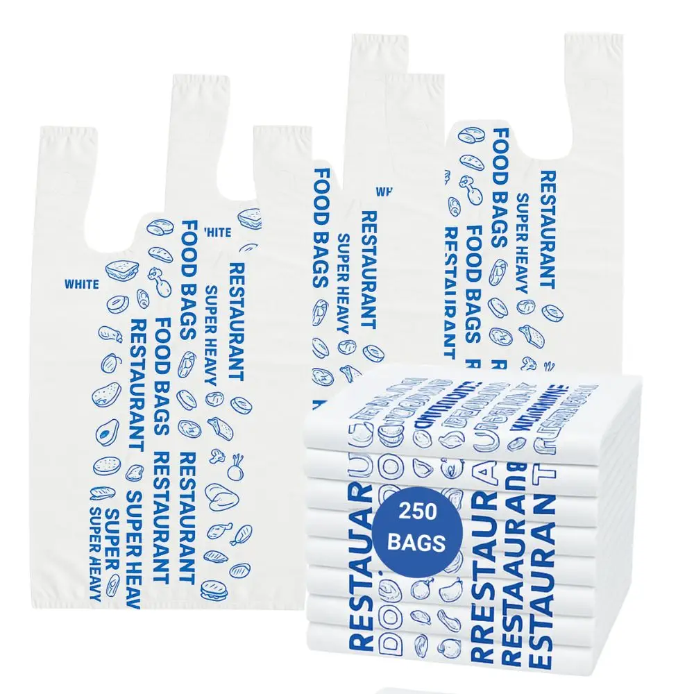 Heavy Duty T-Shirt Carry Bags, White, 250 Count, 10x6x20 in, PE Plastic Restaurant Takeout Grocery Shopping Bags
