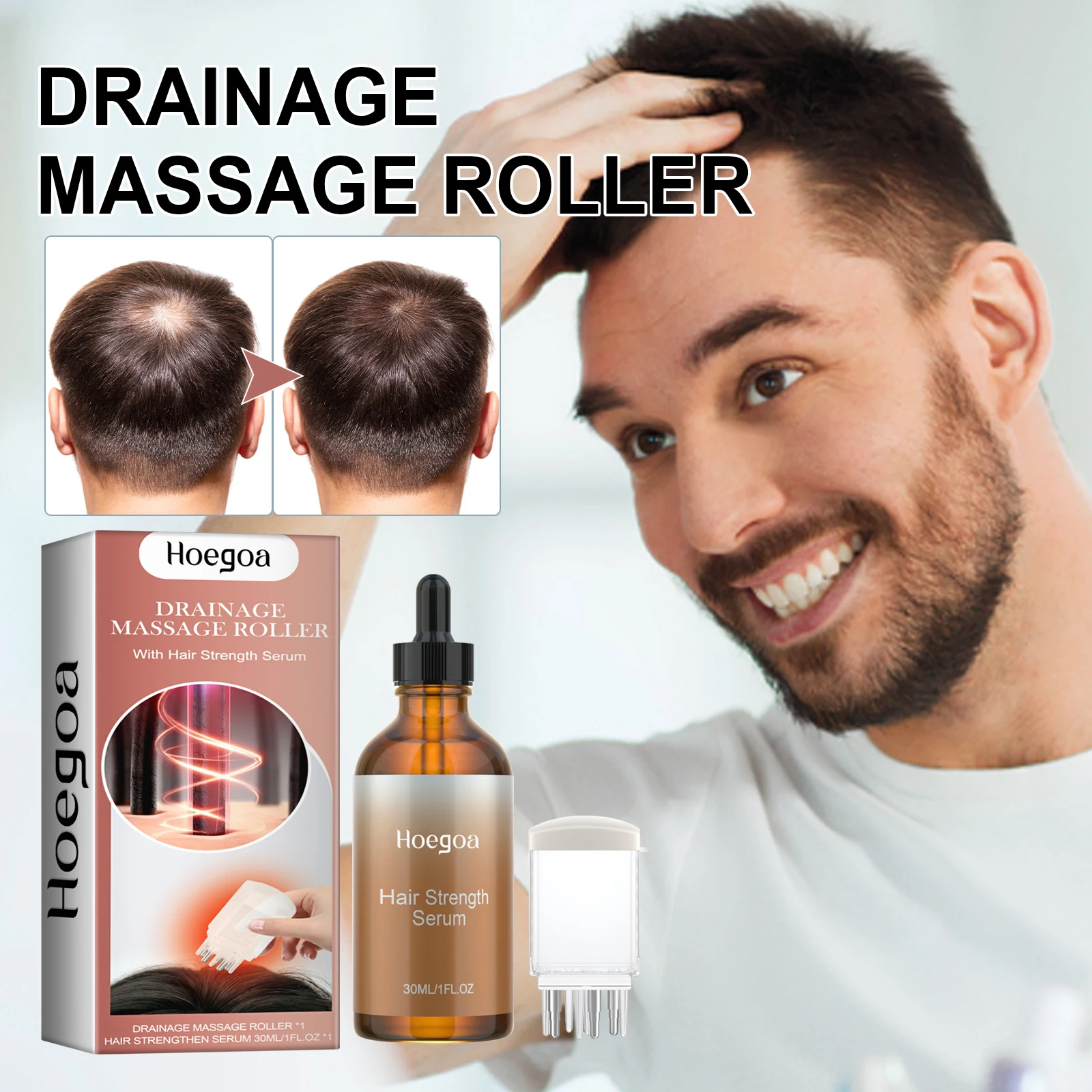 Drainage Massage Roller With Hair Strength Serum Scalp Hair Care Density Multi Peptide Essence Hair Growth Products Applicator