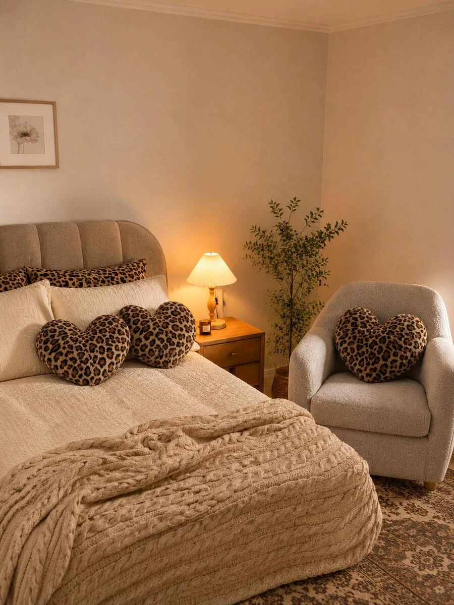 1pc Leopard Print Heart-Shaped Plush Throw Pillow, Soft Fuzzy Filled Decorative Cushion For Sofa Living Room Bedroom Home Decor Aesthetic Pillow SH260720162539335416357