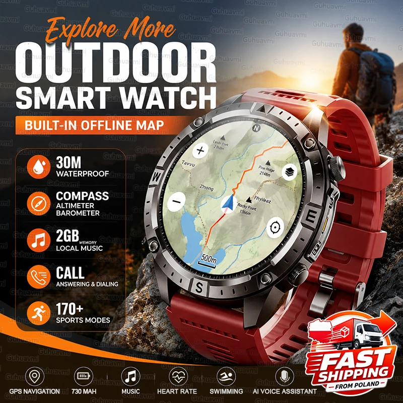 Nouvelle montre connectée GPS 2026 avec cartes hors ligne, étanche 3ATM, navigation GPS, boussole, altimètre, lampe de poche, plus de 170 modes sportifs, appels Bluetooth, moniteur de fréquence cardiaque, bracelet de fitness extérieur pour hommes et femmes