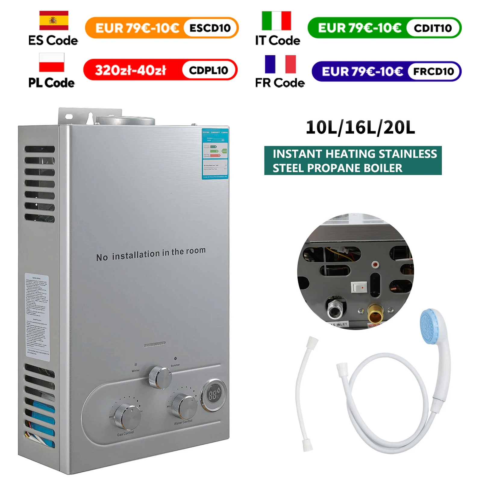 Calentador de agua LPG de 10/16/20L, calentador de agua de Gas de petróleo licuado de propano, Kit de caldera de acero inoxidable para exteriores, hogar y Camping